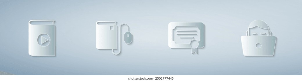 Set Audio book, Electronic with mouse, Certificate template and Student working laptop. Paper art style. Vector
