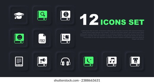 Set Audio book, History, FB2 File, Holy of Koran, Book, about women and Headphones icon. Vector