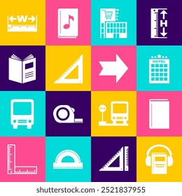 Definir livro de áudio, Livro, Edifício de hotel, Alameda ou supermercado, Régua triangular, Aberto, Medindo altura e comprimento e ícone de Seta. Vetor