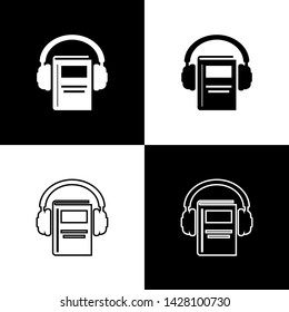 Set Audio book icon isolated on black and white background. Book with headphones. Audio guide sign. Online learning concept.  Vector Illustration
