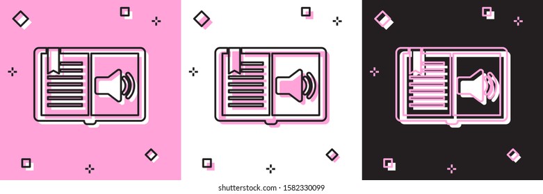 Set Audio book icon isolated on pink and white, black background. Audio guide sign. Online learning concept.  Vector Illustration