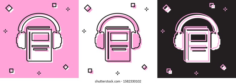 Set Audio book icon isolated on pink and white, black background. Book with headphones. Audio guide sign. Online learning concept.  Vector Illustration
