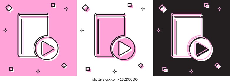 Set Audio book icon isolated on pink and white, black background. Play button and book. Audio guide sign. Online learning concept.  Vector Illustration