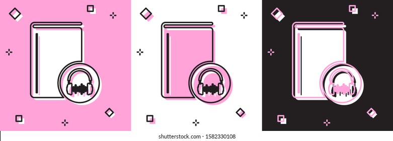 Set Audio book icon isolated on pink and white, black background. Book with headphones. Audio guide sign. Online learning concept.  Vector Illustration