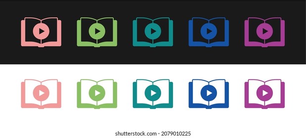 Set Audio book icon isolated on black and white background. Play button and book. Audio guide sign. Online learning concept.  Vector