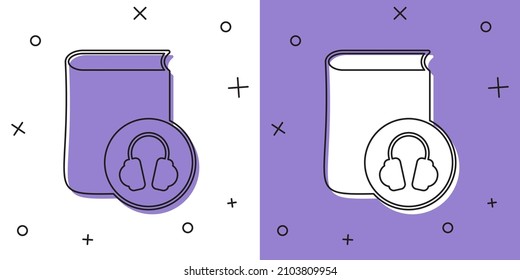 Set Audio book icon isolated on white and purple background. Book with headphones. Audio guide sign. Online learning concept.  Vector