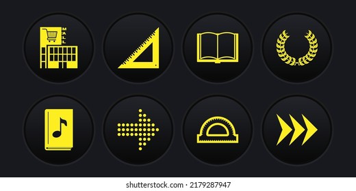 Set Audio book, Laurel wreath, Dots arrow, Protractor grid, Open, Triangular ruler, Arrow and Mall supermarket building icon. Vector