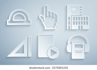 Set Audio book, Mall or supermarket building, Triangular ruler, Pixel hand cursor and Protractor grid icon. Vector