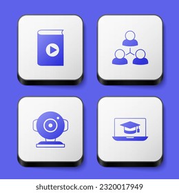 Ajuste el libro de audio, la clase Online, la cámara Web y el tapón de graduación en el icono del portátil. Botón cuadrado blanco. Vector
