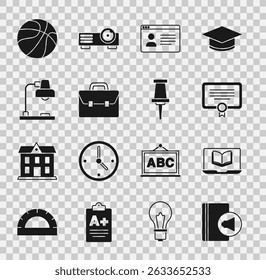 Set Audio book, Online class, Certificate template, Briefcase, Table lamp, Basketball ball and Push pin icon. Vector