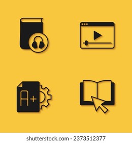 Set Audio book, Online, Exam sheet with plus grade and play video icon with long shadow. Vector