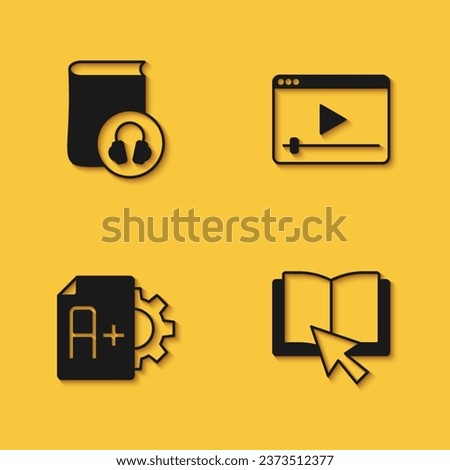 Set Audio book, Online, Exam sheet with plus grade and play video icon with long shadow. Vector