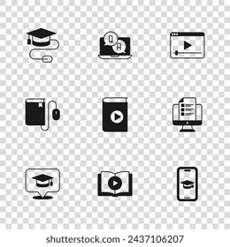 Set Audio book, Online quiz, test, survey, Graduation cap on mobile, play video, with mouse, Question and Answer and Electronic icon. Vector