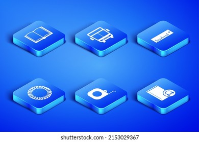 Set Audio book, Open, Roulette construction, Laurel wreath, Bus and Ruler icon. Vector