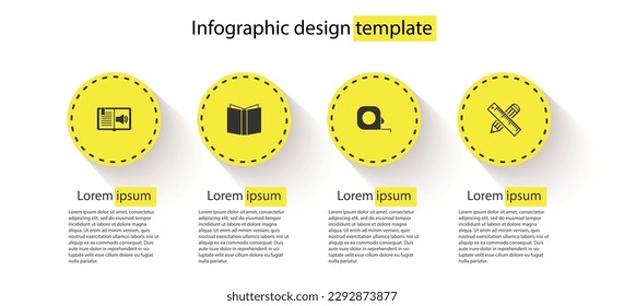 Set Audio book, Open, Roulette construction and Crossed ruler and pencil. Business infographic template. Vector