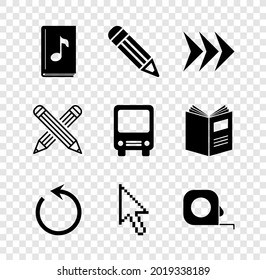 Set Audio book, Pencil, Arrow, Refresh, Pixel arrow cursor, Roulette construction, Crossed pencil and Bus icon. Vector