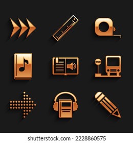 Set Audio book, Pencil, Bus stop, Dots arrow, Roulette construction and Arrow icon. Vector