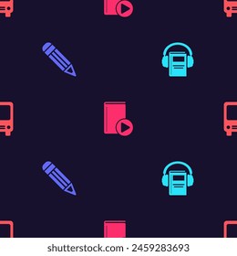 Set Audio book, Pencil,  and Bus on seamless pattern. Vector