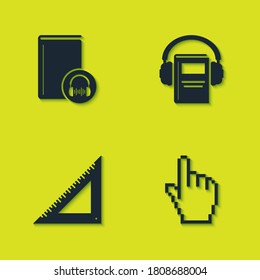 Set Audio book, Pixel hand cursor, Triangular ruler and icon. Vector.