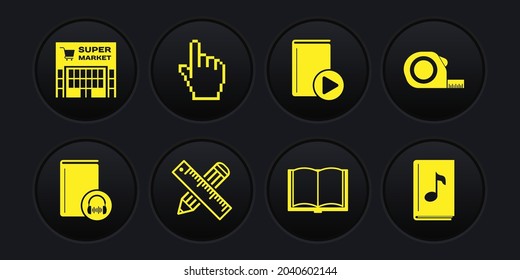Set Audio book, Roulette construction, Crossed ruler and pencil, Open, Pixel hand cursor,  and Supermarket building icon. Vector