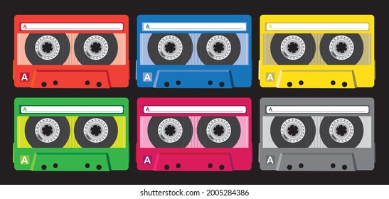 Set of audio cassette tapes in various colors. Isolated illustration in vector. Good times, good music. Elements for banner and cards. Retro party