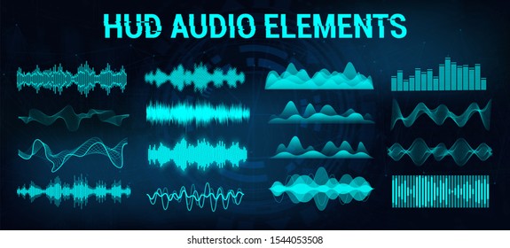 Set audio equalizer in futuristic style HUD, concept tech sound wave. Microphone voice control technology, voice and sound recognition. Music waves, equalizer bar. Vector illustration