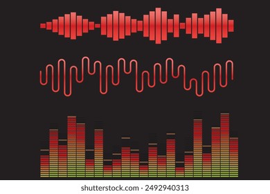 Set Audio Equalizer-Technologie, musikalischer Puls. Audio-Entzerrer-Schallwellenanzeige Horizontal. Abstrakte isolierte Vektorillustration, Satz von isolierten Audio-Entzerrer oder Sprachfrequenz, Schallwelle.