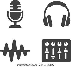 Set of audio equipment icons featuring a microphone, headphones, sound wave, and mixer, ideal for music production