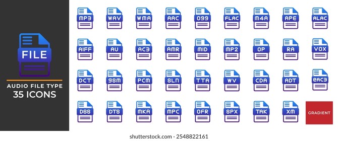 Establecer ícono de degradado de archivo de audio. íconos de formato de archivo de documento. adecuado para Sitios web e interfaces