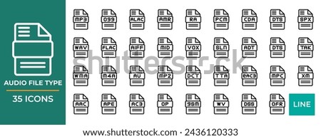Set audio file type icons. Format files outline icon design. Vector Illustrations.