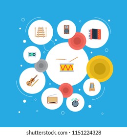 Set of audio icons flat style symbols with retro tuner, drum, accordion and other icons for your web mobile app logo design.