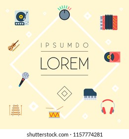 Set of audio icons flat style symbols with accordion, piano keys, microphone and other icons for your web mobile app logo design.