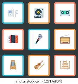 Set of audio icons flat style symbols with violin, gramophone, cassette and other icons for your web mobile app logo design.