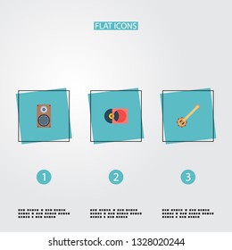 Set of audio icons flat style symbols with string instrument, vinyl, speaker and other icons for your web mobile app logo design.
