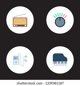 Set of audio icons flat style symbols with audio device, volume control, retro tuner and other icons for your web mobile app logo design.