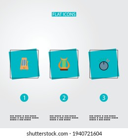 Conjunto de iconos de audio símbolos de estilo plano con control de volumen, metronome, harp y otros iconos para el diseño del logotipo de la aplicación móvil web.