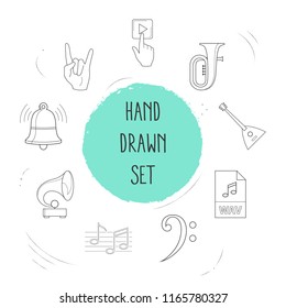 Set of audio icons line style symbols with wav file, musical note, tuba and other icons for your web mobile app logo design.