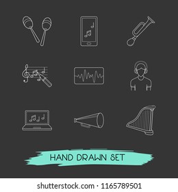 Set of audio icons line style symbols with megaphone, music on computer, sound wave and other icons for your web mobile app logo design.