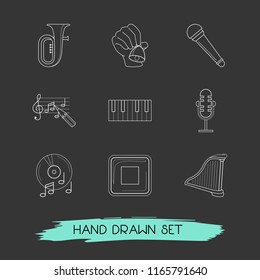 Set of audio icons line style symbols with recording mic, microphone, tuba and other icons for your web mobile app logo design.