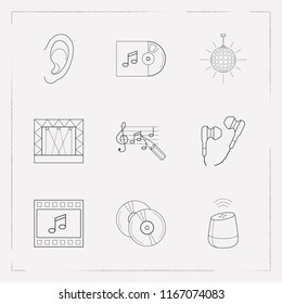 Set of audio icons line style symbols with concert stage, cd, disco ball and other icons for your web mobile app logo design.