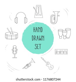 Set of audio icons line style symbols with synthesizer, recording mic, trumpet and other icons for your web mobile app logo design.