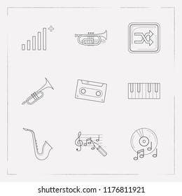 Set of audio icons line style symbols with cornet, cassette, shuffle button and other icons for your web mobile app logo design.