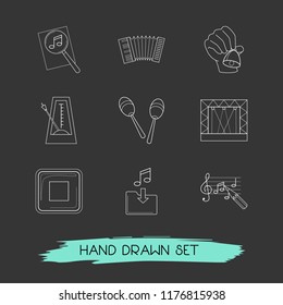 Set of audio icons line style symbols with hand bell, maracas, search music icons for your web mobile app logo design.