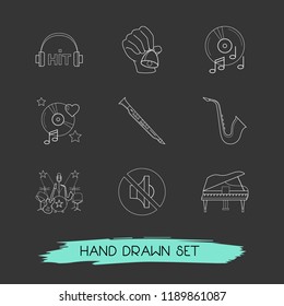 Set of audio icons line style symbols with music record, music hit, clarinet and other icons for your web mobile app logo design.