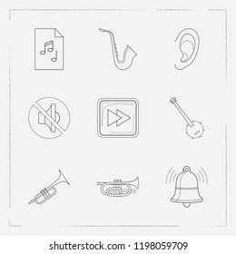 Set of audio icons line style symbols with saxophone, forward button, mute and other icons for your web mobile app logo design.