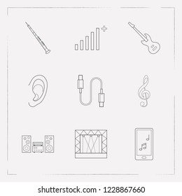 Set of audio icons line style symbols with sound system, cable, high volume and other icons for your web mobile app logo design.