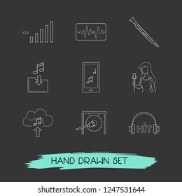 Set of audio icons line style symbols with low volume, singer woman, gong and other icons for your web mobile app logo design.