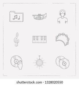 Set of audio icons line style symbols with disco ball, cd, music folder and other icons for your web mobile app logo design.