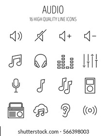 Set of audio icons in modern thin line style. High quality black outline saund symbols for web site design and mobile apps. Simple audio pictograms on a white background.