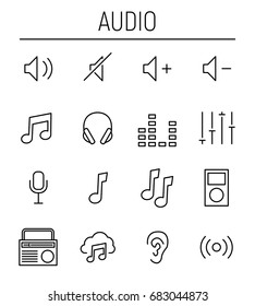 Set of audio icons in modern thin line style. High quality black outline saund symbols for web site design and mobile apps. Simple audio pictograms on a white background.